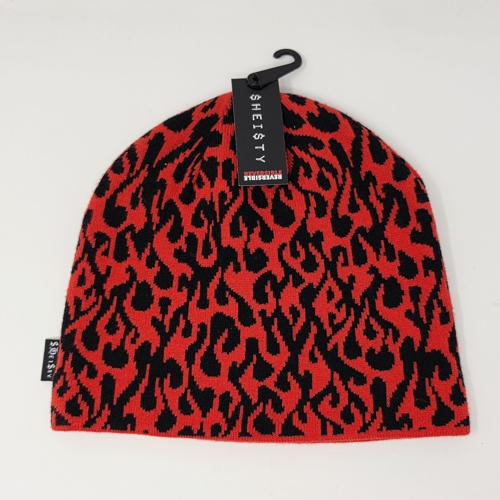 SHEISTY Fireball Knit Beanie Skull Cap Reversible Winter Hat Black Orange Flames